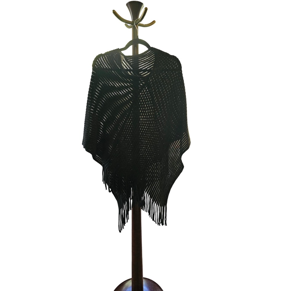 Black Fringe Poncho Blue Ice Knit Cover Up Small Medium S-M - Picture 2 of 4